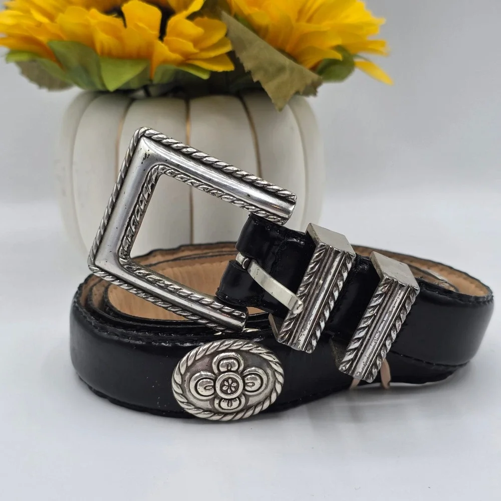 Barse Black Genuine English Leather Belt Silver Western Concho Heart Tip Small